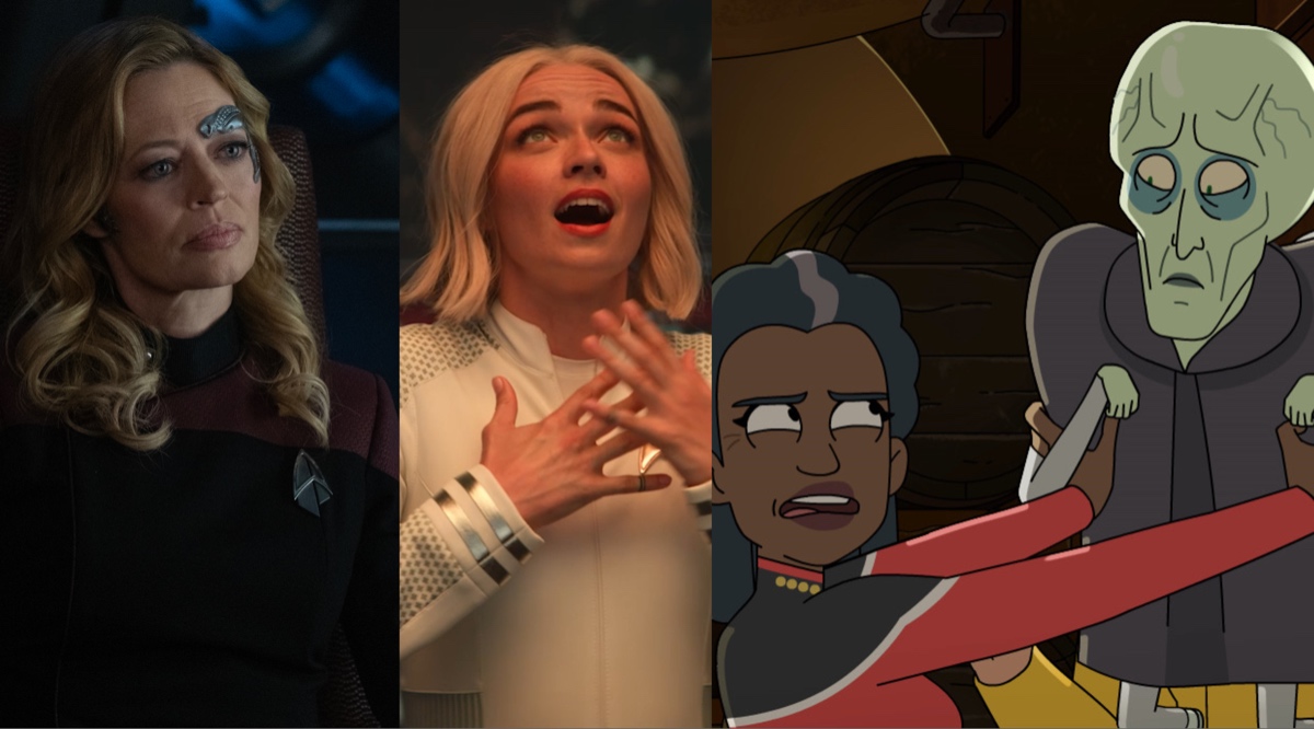 Left: Captain Seven of Nine (Jeri Ryan) in Star Trek: Picard. Center: Nurse Christine Chapel (Jess Bush) singing on Star Trek: Strange New Worlds. Right: Captain Carol Freeman (Dawnn Lewis) on Star Trek: Lower Decks shakes the information broker, who is not a puppet - he's filled with internal organs.