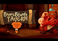 Wooden "Bronzebeard's Tavern" sign hanging near a bald dwarf.