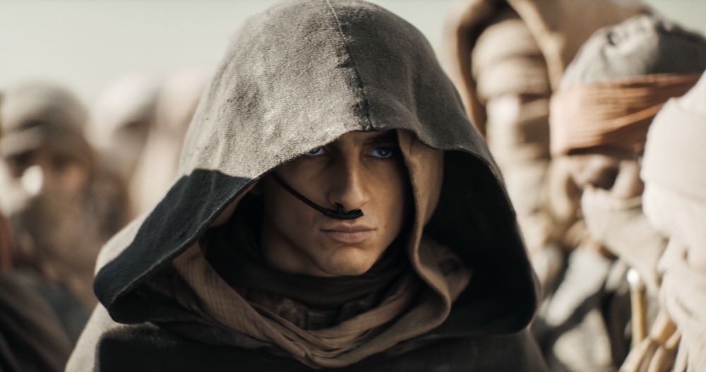 Paul Atreides wears a large hood while standing in the desert and looking serious.