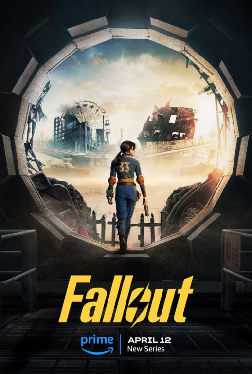 Lucy walks through a circular opening to a desert wasteland while holding a gun in one hand and wearing a blue and yellow jumpsuit with the number 33 on the back in a poster for Prime Video's Fallout. 