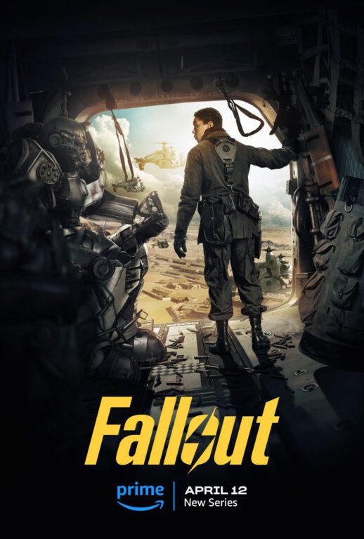 Maximus stands in the Brotherhood of Steel's airship while looking at the ground below him in a poster for Prime Video's Fallout. 