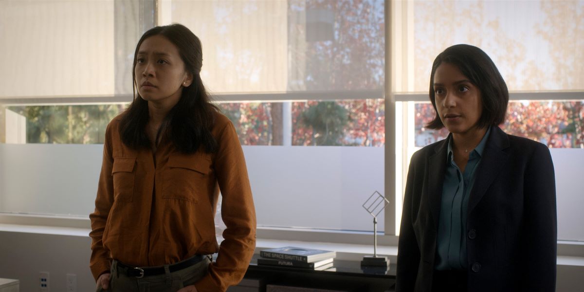 Kelly and Aleida stand in Dev Ayesa's office at Helios' headquarters while looking serious in For All Mankind Season 4 Episode 5, "Goldilocks."