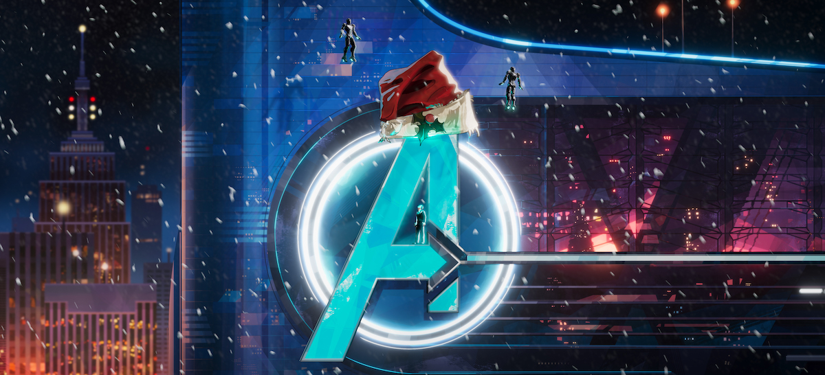 The Iron Legion puts a Santa hat on the Avengers Tower logo in What If... season 2.