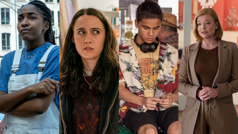 Collage of stills from GGA's top 15 TV shows of 2023, featuring The Bear on the left, Such Brave Girls left of center, Reservation Dogs right of center, and Succession on the right.