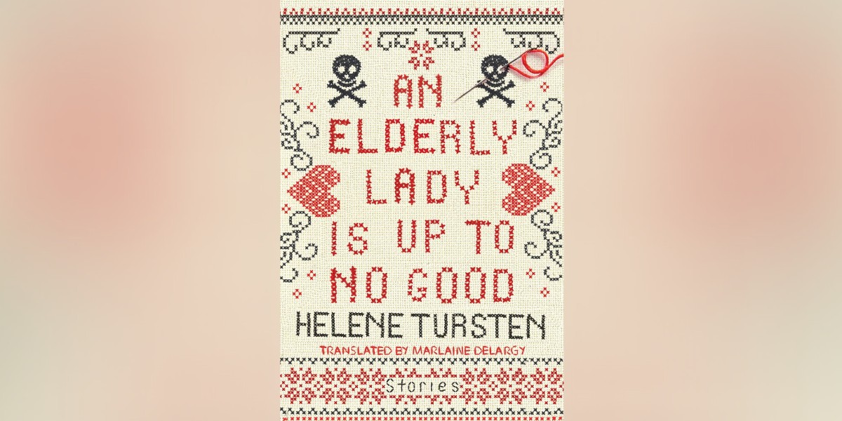 The cover of An Elderly Lady is Up to No Good looks like embroidery on a white background. There are black skulls, red hearts, and red flowers.