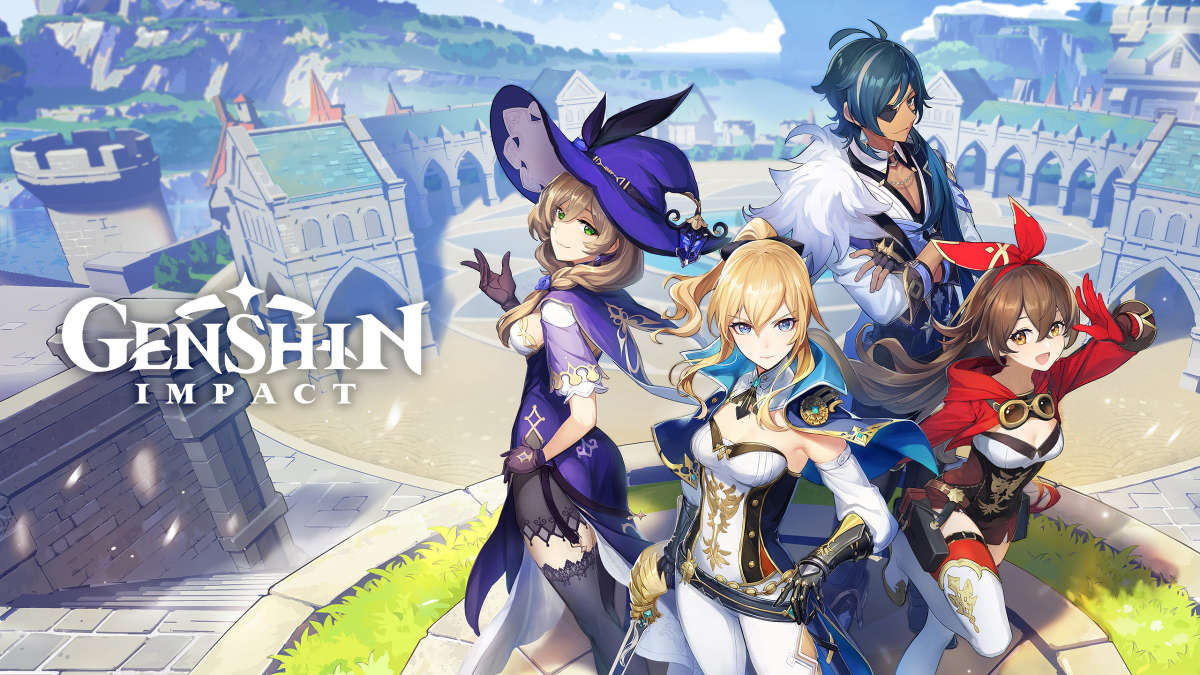 Various characters pose together next to Genshin Impact logo.