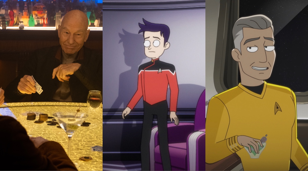 L: Jean-Luc Picard (Patrick Stewart) playing poker in the Star Trek: Picard finale. C: Lt. J-G Bradward Boimler (Jack Quaid) visits the Black Mountain on Lower Decks. R: An animated version of Captain Christopher Pike (Anson Mount) on Strange New Worlds.