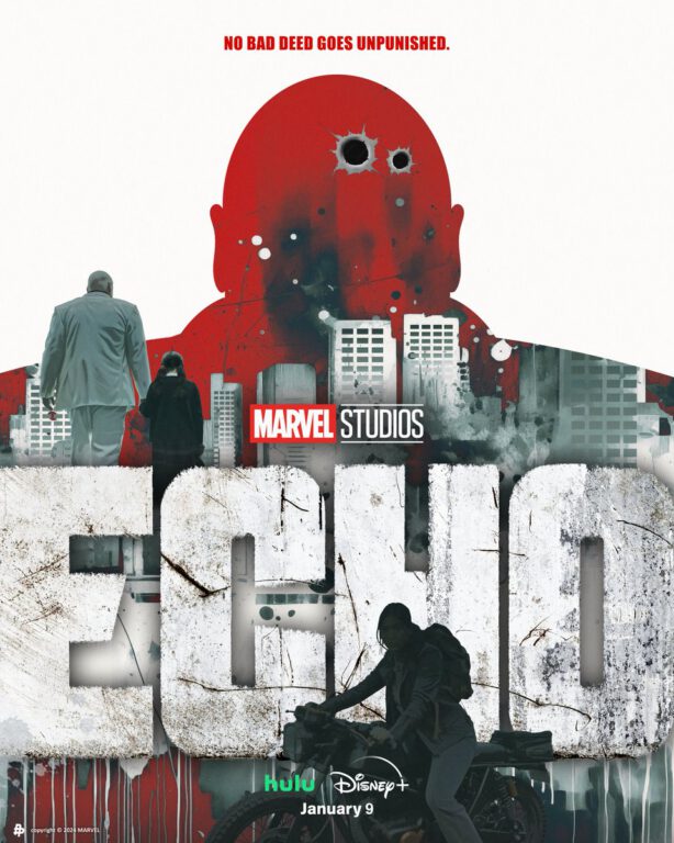 Marvel's Echo poster. At the top is the slogan "No bad deed goes unpunished." A bullet-ridden red outline of Kingpin occupies the background, looming over a city skyline. In the foreground, Kingpin (Vincent D'Onofrio) and young Echo are walking towards the horizon. In the center are the Marvel Studios and Echo logos. In the foreground is the outline of Maya Lopez/Echo (Alaqua Cox) astride a motorcycle. At the bottom the logos for Hulu and Disney+, along with the date January 9.