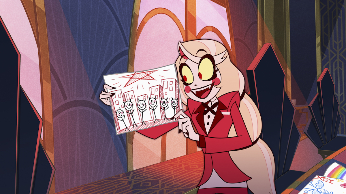Charlie Morningstar (Erika Henningsen) explains her idea for the Hazbin Hotel using a crude drawing.