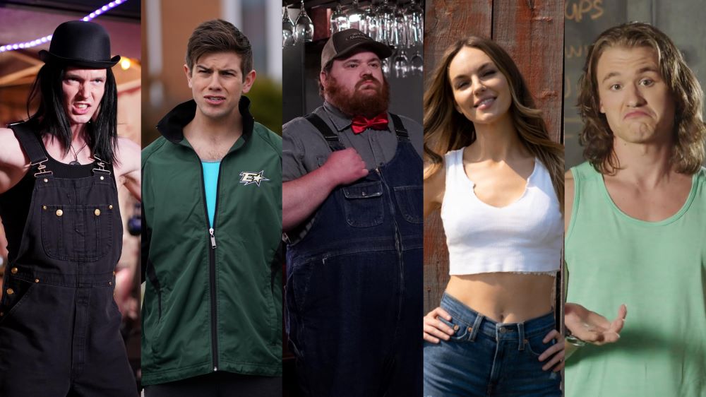 A collage featuring characters from the Hulu comedy Letterkenny, from left to right: Stewart, Jonesy, Squirrely Dan, Katy, and Reilly.