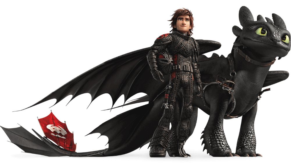 Young, brown-haired man in black armor stands with a black dragon that has a red flag on tail against white background. 