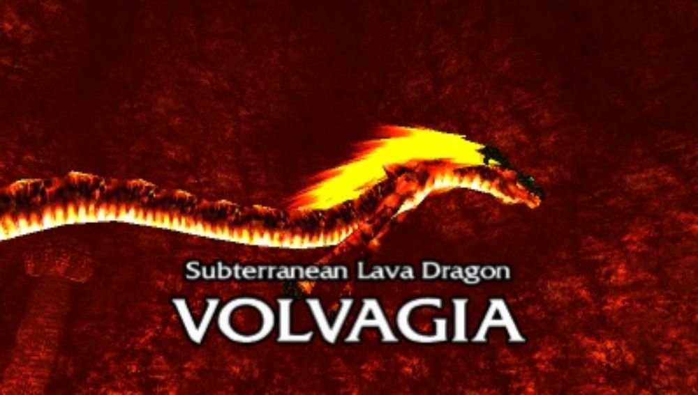 Long, snake-like fire dragon flying through inside of a volcano.