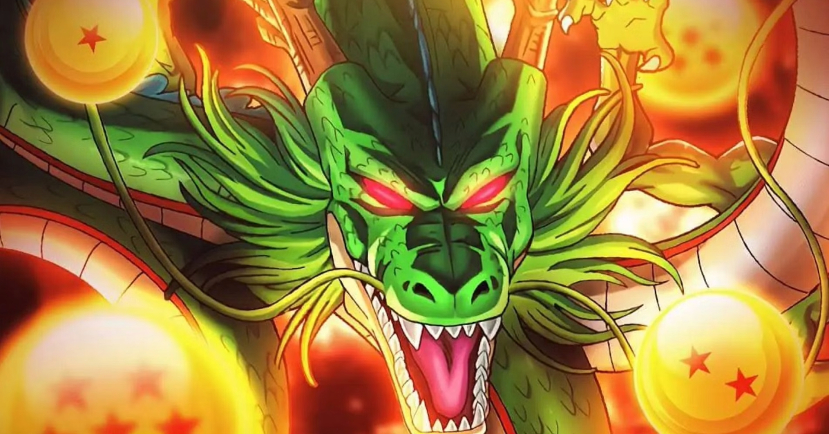A large green dragon with glowing red eyes surrounded by glowing balls.