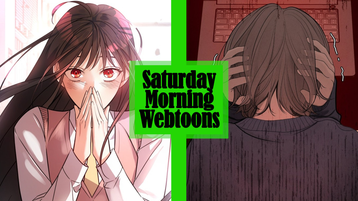 Rosa praying on her knees next to Eunhye holding her head in her hands looking down at a computer screen behind the Saturday Morning Webtoons logo.