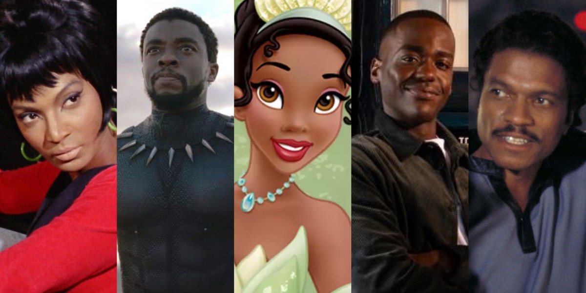 a collage of black characters in sci-fi and fantasy includes uhura, black panther, tiana, doctor who and lando calrissian