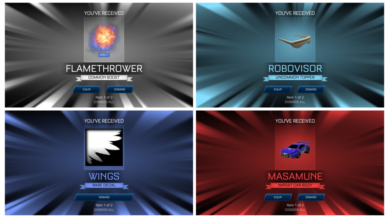 A collage of various rewards including a flamethrower trail, roboglasses car topper, a wings decal and a car modification in the game Rocket League Sideswipe