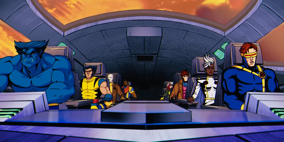 The members of the mutant team in a plane, all sitting down in rows. 