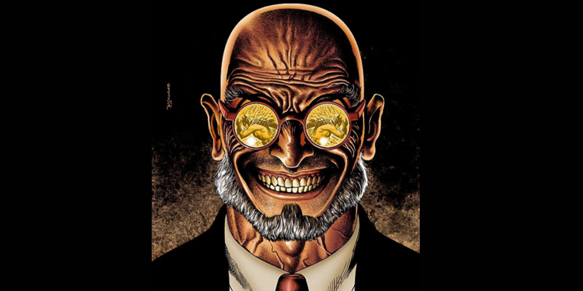 Hugo Strange from the Batman Universe. He is grinning, staring with a deranged look on his face.