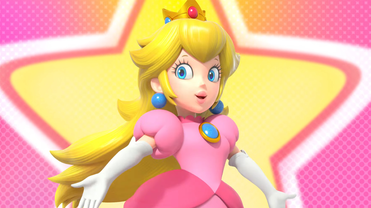 Princess Peach poses with her arms open in front of a star background.