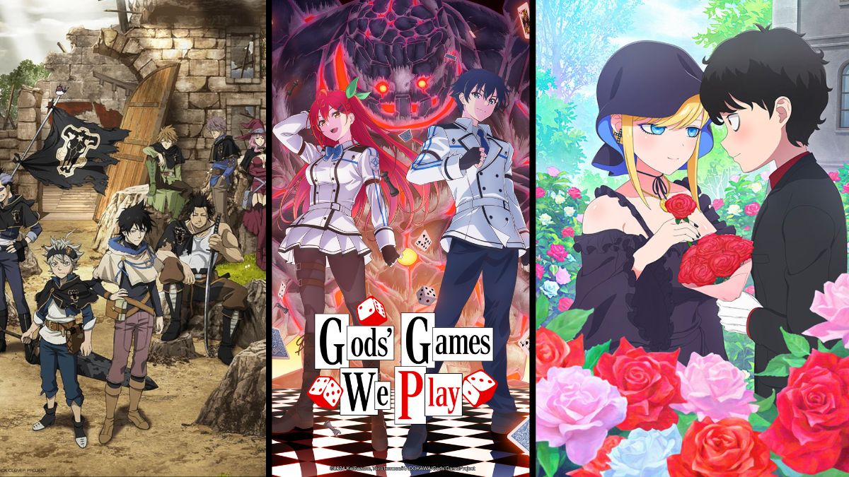Black Clover (left) -uniformed group in barren background. Gods' Games We Play (center) The Duke of Death and His Maid (right)- woman and man dressed in black with roses.