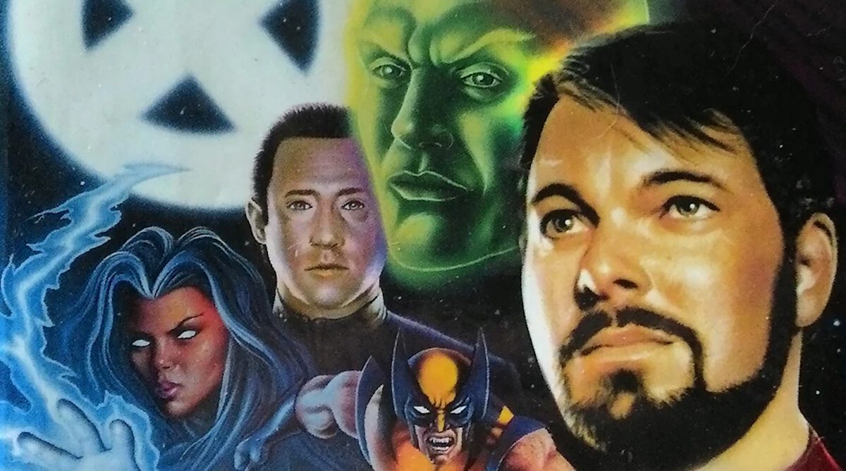 Partial Planet X cover image. L to R: Storm, Data, unidentified green alien, Wolverine and Riker. In the background is the X-Men "X" logo.