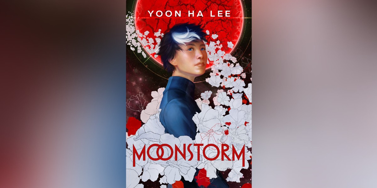 The cover of Moonstorm has an Asian person with short black hair with a streak of white. They're looking up and are surrounded by white flowers.