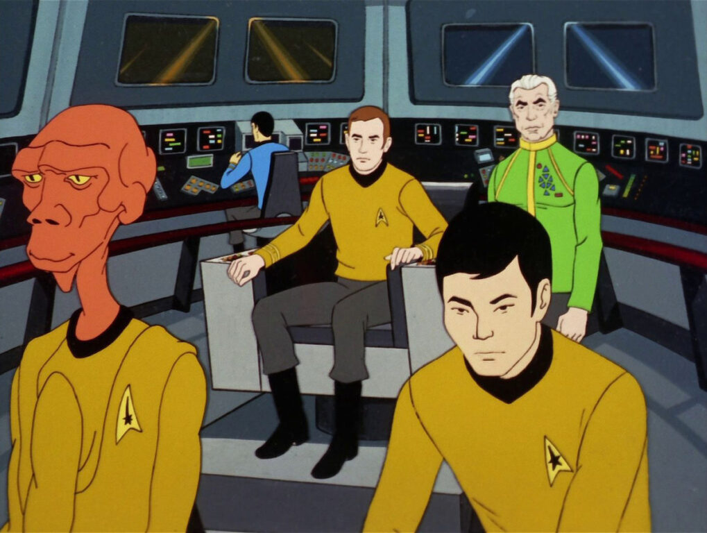 Kirk, April and Sulu aboard the Enterprise.