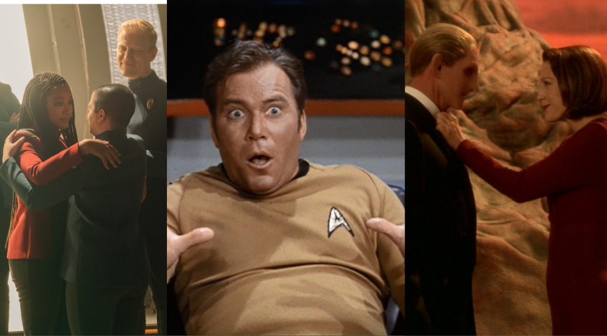 L: Burnham hugs Adira as Stamets looks on. C: Kirk looks surprised. R: Kira fixes Odo's bowtie.