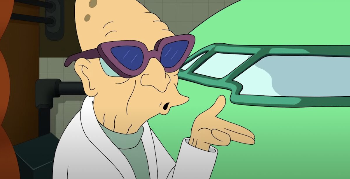 Farnsworth wearing stylish sunglasses and blowing a kiss in the PlanEx conference room in Futurama Season 12.