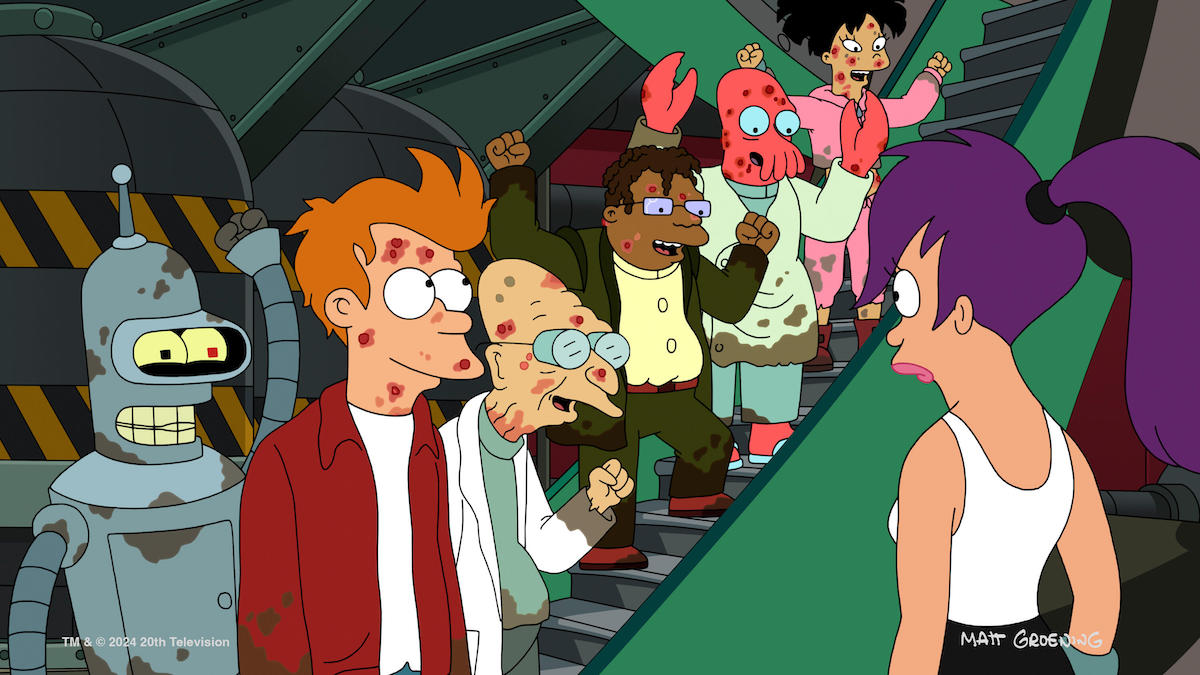 The battered Planet Express crew returns from "Infyrno Fest," and are greeted by Turanga Leela, who didn't go with them, in the PlanEx hanger. From Futurama Season 12's "One is Silicon and the Other Gold"