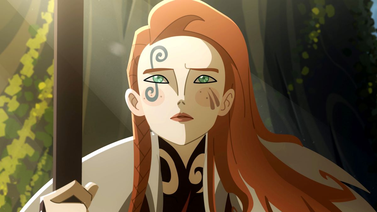 Close up of Sigrid, holding a staff in her right hand, looking up. A tattoo decorates her face around her right eye. Twilight of the Gods premieres on Netflix September 19