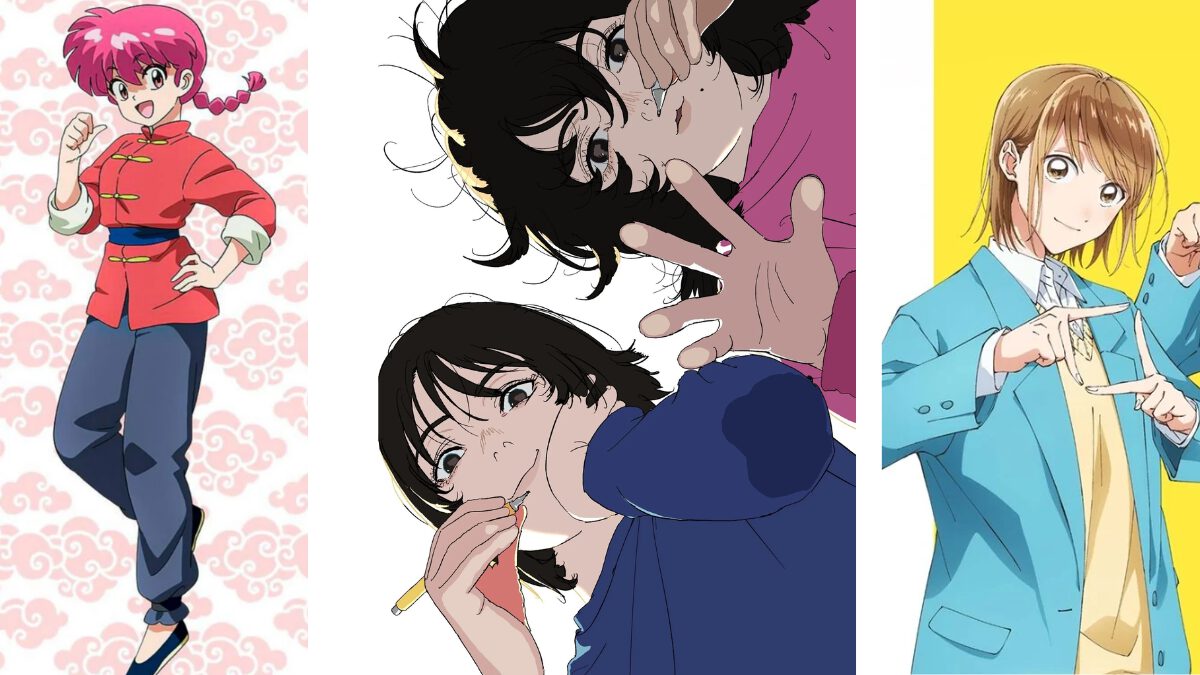 Pink haired girl with long braid standing on rose background (Ranma 1/2 , left) Two girls with short, dark hair looking down at lens (Look Back, center), Girl in blue school jacket makes a square with her fingers (Blue Box, right)