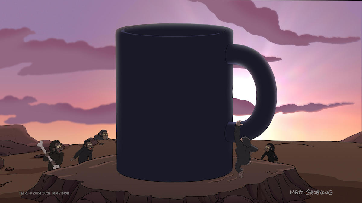 A giant mug of coffee 5 million years ago, surrounded by early hominids, from Futurama's "Planet Espresso."
