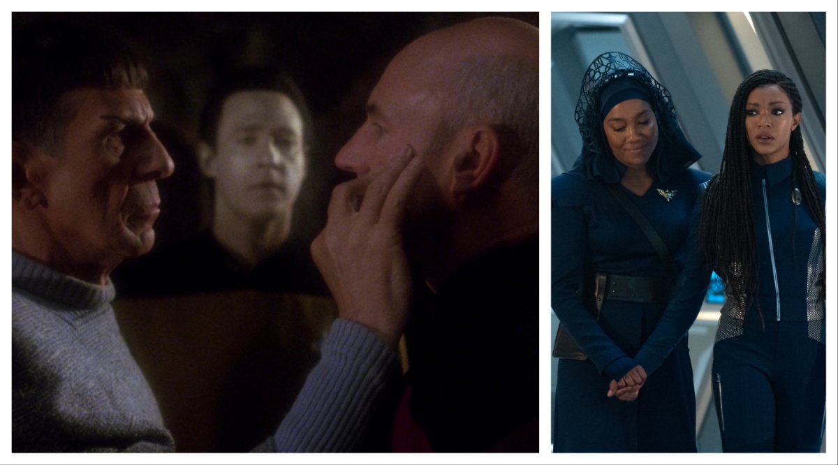 A photo collage featured a still from Star Trek: The Next Generation on the left side (Spock grabbing Picard's face) and a still from Star Trek: Discovery on the right side (Gabrielle and Michael Burnham).