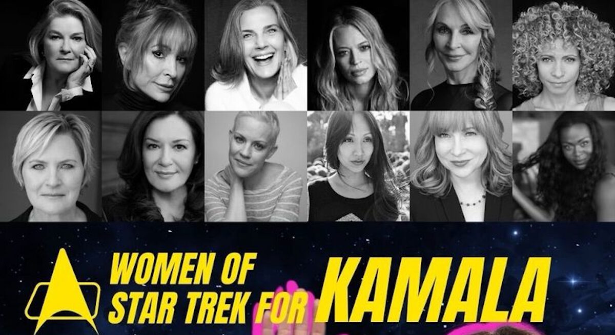 Women of Star Trek for Kamala graphic featuring Kate Mulgrew, Nana Visitor, Terry Farrell, Jeri Ryan, Gates McFadden, Michelle Hurd, Denise Crosby, Bertila Damas, Stephanie Czajkowski, Linda Park, Rhonda Aldrich and Yetide Badaki.