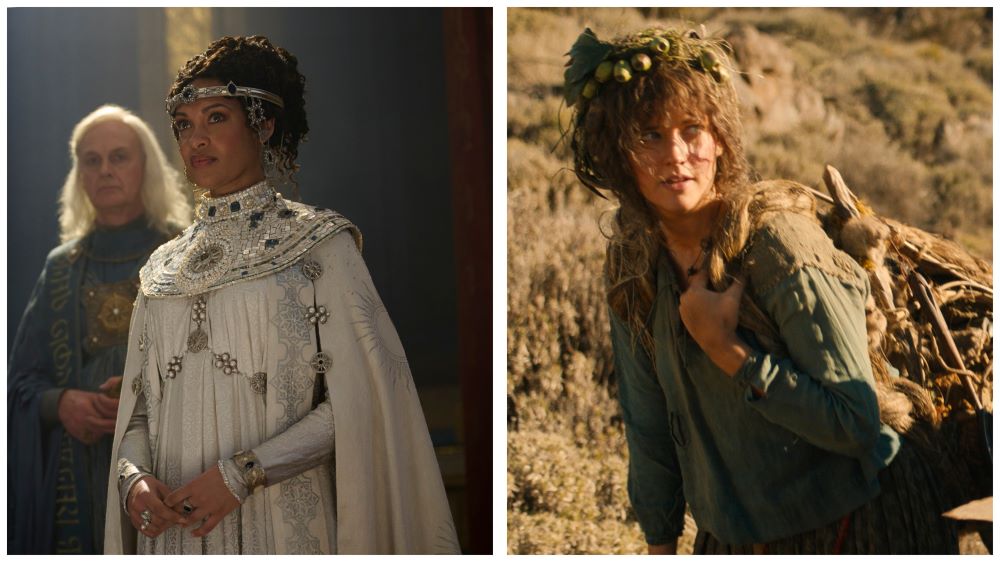 A photo collage featuring Cynthia Addai-Robinson as Míriel in a white formal gown with a tiara on the left side and Markella Kavenagh as Nori Brandyfoot wandering through the desert on the right side. Both stills are from The Lord of the Rings: The Rings of Power Season 2.
