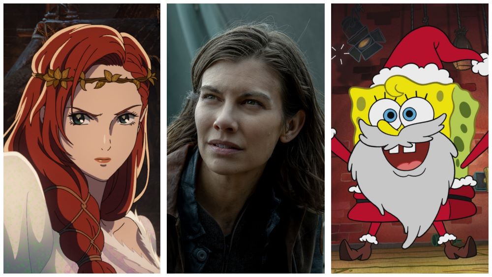 A photo collage featuring stills from The Lord of the Rings: The War of the Rohirrim, The Walking Dead: Dead City and SpongeBob SquarePants.