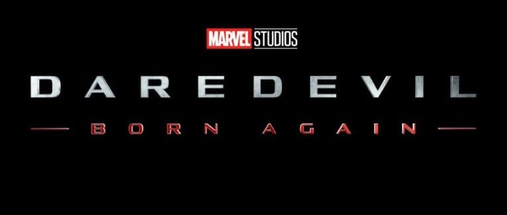 The logo for Daredevil: Born Again in white and red text on a black background with the Marvel Studios logo above it.