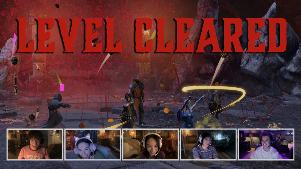 A screenshot from a video game with "Level Cleared" in bold red text. Five smaller screens are at the bottom with five players wearing headsets and smiling in Side Quest Season 1 Episode 4, "The Last Raid."