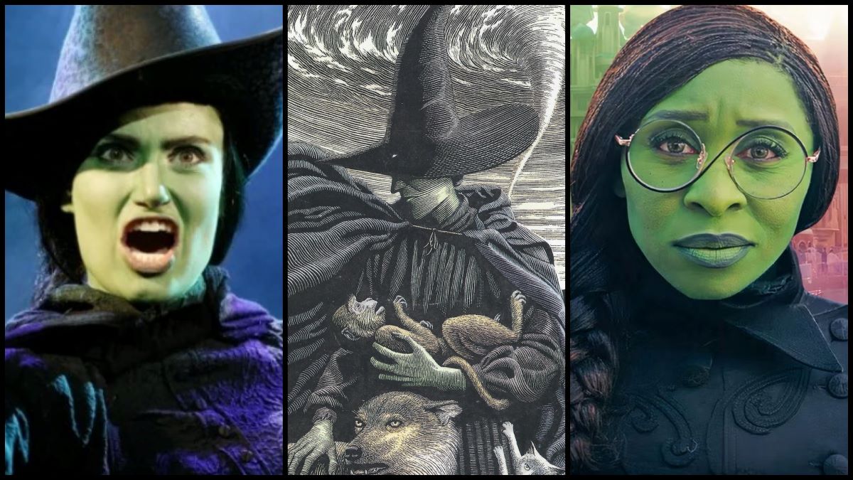 Three images of Elphaba Thropp. From left to right: Idina Menzel in the original Broadway production; cover art from the first edition of Wicked: the Life and Times of the Wicked Witch of the West; and Cynthia Erivo in the 2024 film