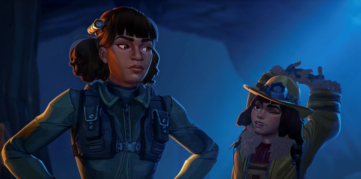 An older Black woman and a younger white girl stand in a dimly lit space while wearing exploration gear in Secret Level Season 1.