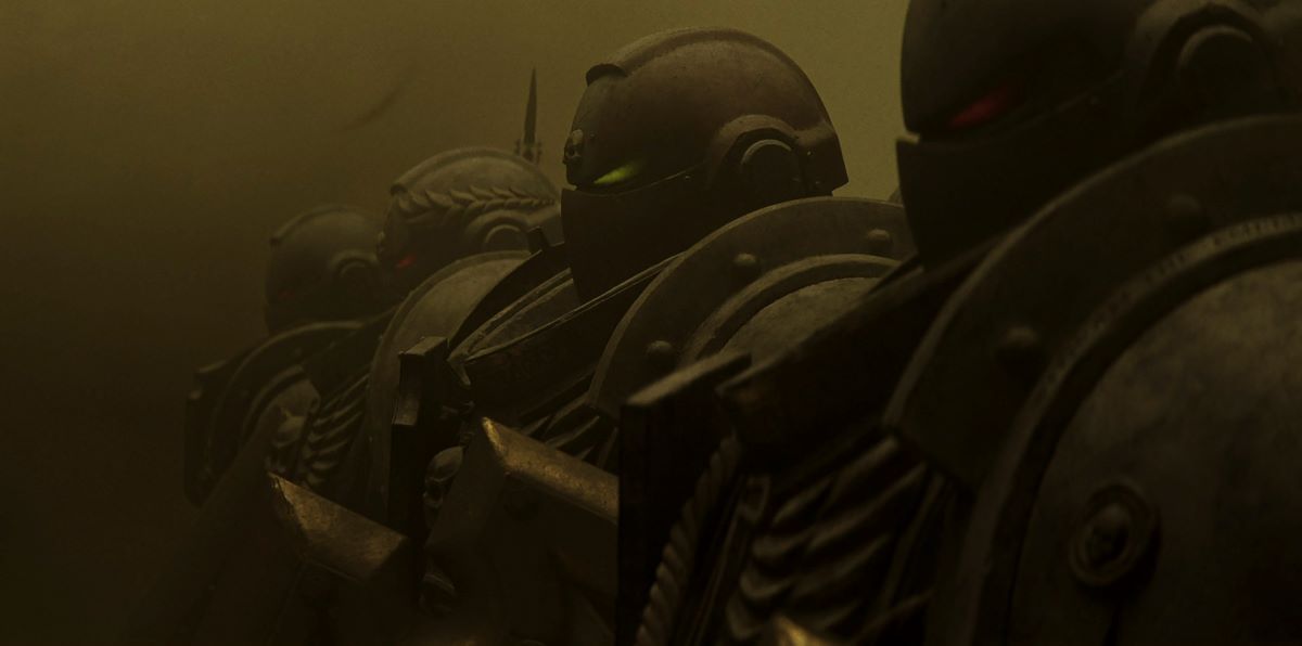 A line of soldiers in clunky metal armor stand in a dimly lit atmosphere in Secret Level Season 1.