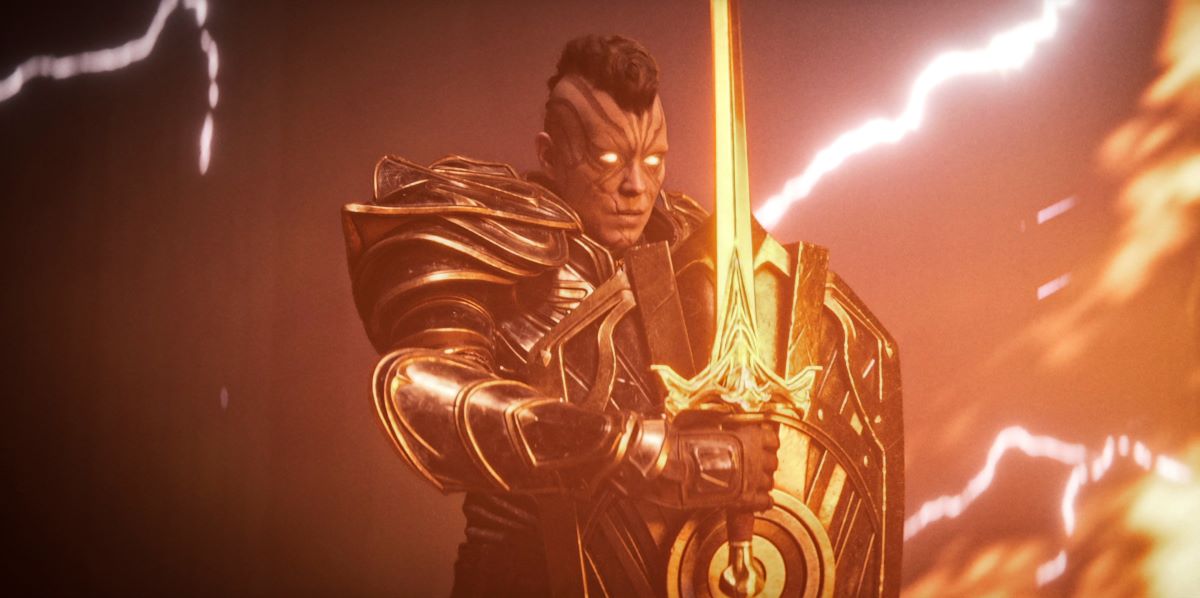 A man with massive armor and glowing eyes holds a weapon and shield in a still from Secret Level Season 1.