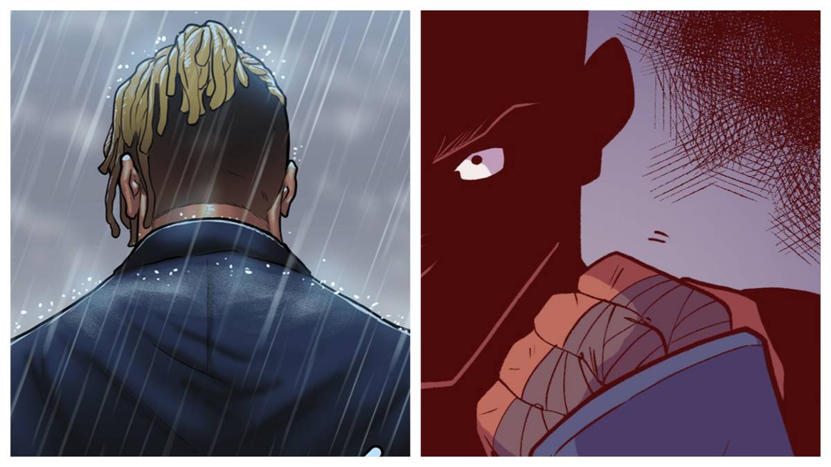 Che standing in the rain with his back to the viewer in the Ordeal WEBTOON series next to a shot of Leo upclose looking determined while tying his glove on in the Pound WEBTOON.