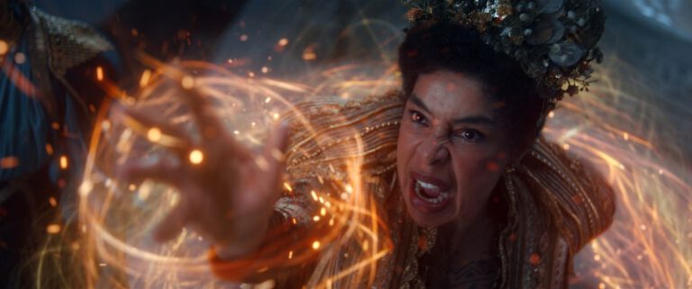 Siuan screams while firing off red-orange weaves at an unseen enemy on The Wheel of Time Season 3 Episode 1, "To Race the Shadow."