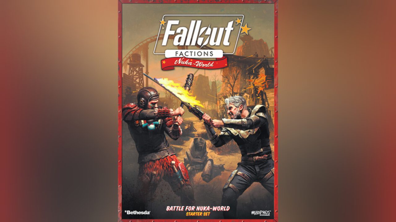 The box art of Fallout Factions: Battle for Nuka-World Starter Set features fighters from the Pack and the Operators facing off in front of an apocalyptic hellscape.
