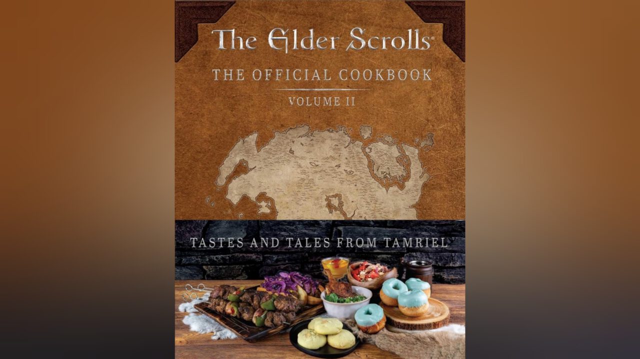 The cover of The Elder Scrolls: Tastes and Tales from Tamriel shows a map of Tamriel with various food from the book in front.