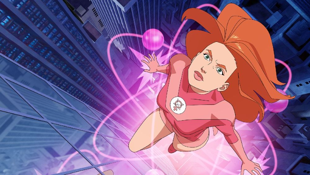 Atom Eve wears her pink and white superhero suit while flying upward along the face of a skyscraper in a city. Pink energy surrounds her in Invincible.