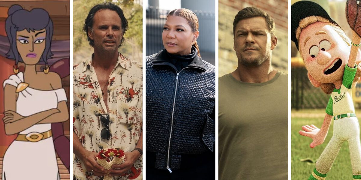 Collage with characters from "Krapopolis," "The White Lotus," "The Equalizer," "Reacher" and "Win or Lose."