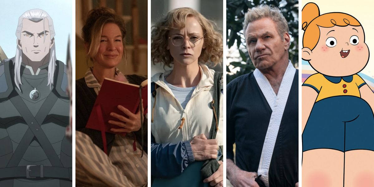 Collage with characters from "The Witcher: Sirens of the Deep," "Bridget Jones: Mad About the Boy," "Yellowjackets," "Cobra Kai" and "Goldie."